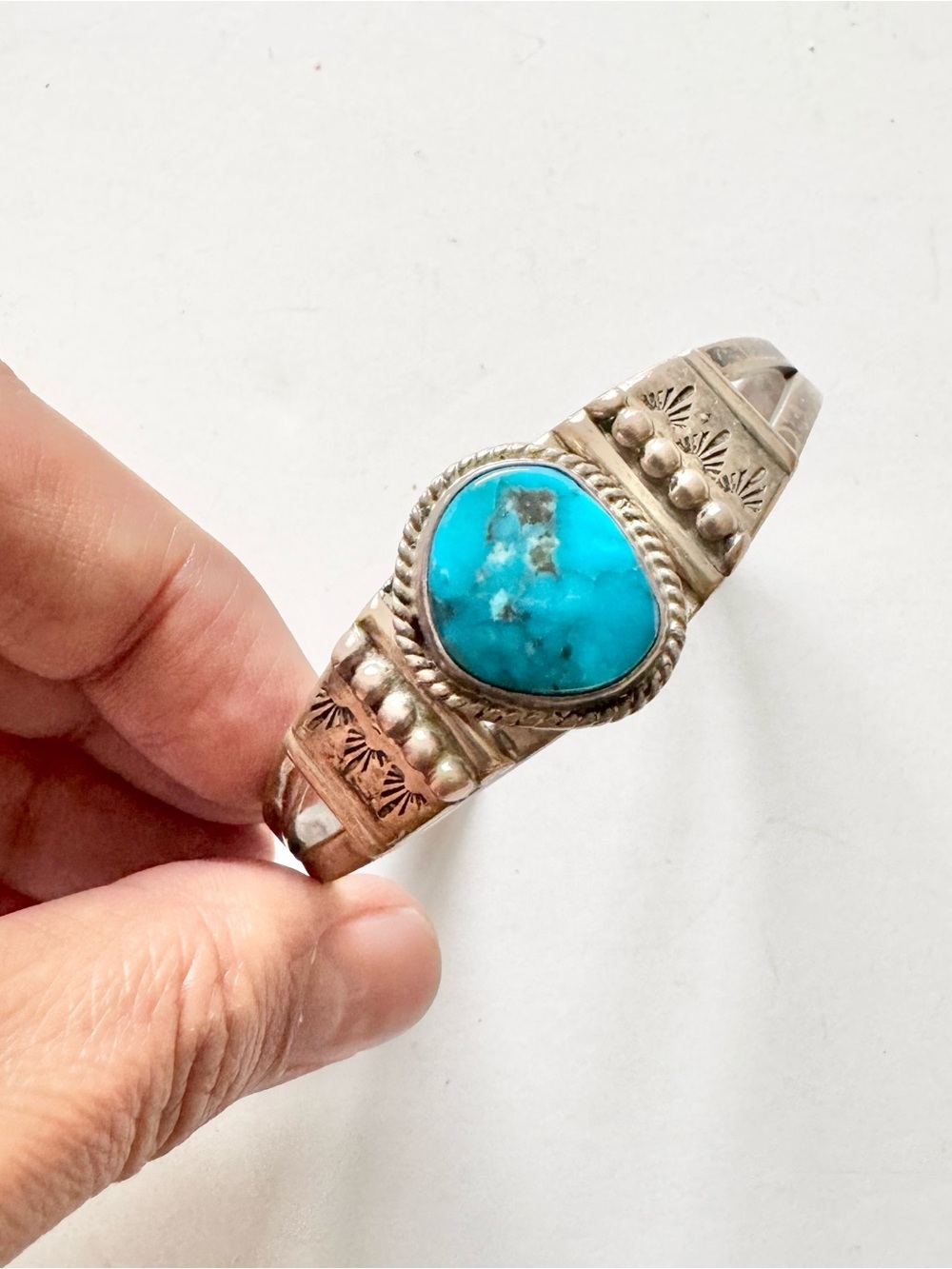 1950s Vintage Sterling Silver Turquoise Native American Navajo Cuff Bracelet
